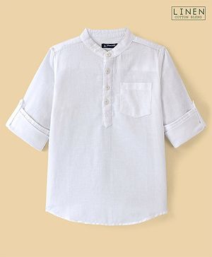 Pine Kids Roll up Full Sleeves Cotton Linen Single Pocket Mandarin Collar Shirt - White