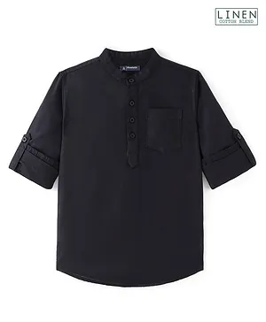 Pine kids Roll Up Full Sleeves Cotton Linen Single Pocket Mandarin Collar Shirt - Black