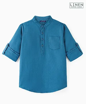 Pine Kids Roll Up Full Sleeves Cotton Linen Single Pocket Mandarin Collar Shirt - Teal