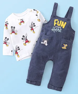 Babyhug 100% Cotton Knit Mickey Mouse Printed Dungaree with Full Sleeves Inner Tee - White & Blue