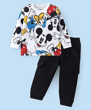 Babyhug 100% Cotton Full Sleeves T-Shirt & Lounge Pants With Mickey Mouse & Friends Print - Black & White