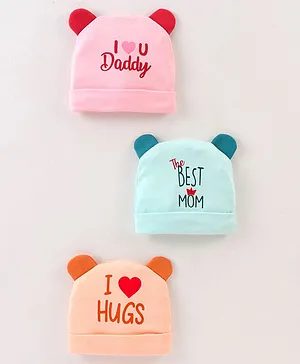 Simply Interlock Baby Caps Text Print Baby Pink Peach & Sky Blue Pack of 3 - Diameter 10 cm