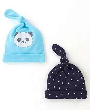 Babyhug 100% Cotton Cap  with Panda Face Print Pack of 2 - Navy Blue