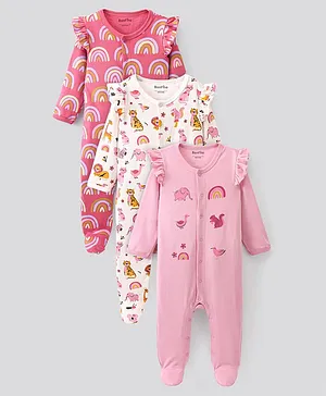 Bonfino 100% Cotton Full Sleeves Jungle Animals Printed Sleepsuits Pack of 3 - Red White &  Pink