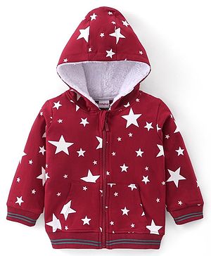 Babyhug 100% Cotton Knit Full Sleeves Hoodie With Star Print - Red