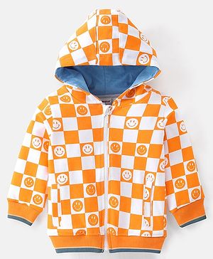 Babyhug Full Sleeves Zipper Sweatjacket with Hood & Checks - White & Yellow