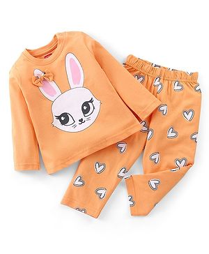 Babyhug Cotton Knit Full Sleeves T-Shirt & Pyjama Set Marie Print & Bow Applique - Orange