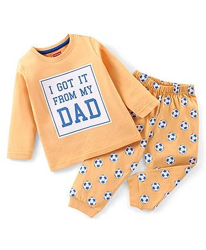 Babyhug Cotton Knit Full Sleeves Soccer & Text Printed Night Suit - Orange