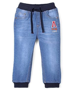 Babyhug Denim Cotton Elastane Full Length Jogger With Stretch Text Embroidery - Blue