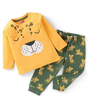 Babyhug Cotton Knit Full Sleeves Tiger Printed Night Suit - Yellow