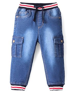 Babyhug Denim Full Length Jogger With Stretch Solid Colour - Blue