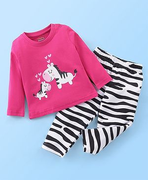 Babyhug Cotton Knit Full Sleeves Night Suit Zebra Print - Pink