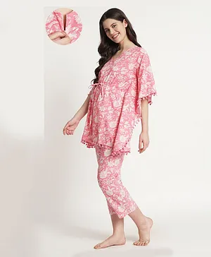 Aujjessa Three Fourth Bat Wing  Sleeves  Floral Printed Kaftan Style Front Zipper Maternity Night Suit  - Pink