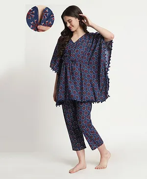 Aujjessa Three Fourth Batwing Sleeves Floral Motif Printed Kaftan Style Front Zipper Maternity Night Suit - Indigo Blue