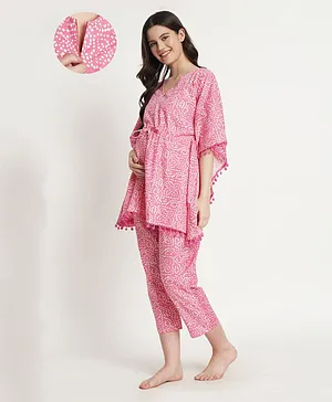 Aujjessa Three Fourth Batwing Sleeves Bandhani Design Kaftan Style Front Zipper Maternity Night Suit - Pink
