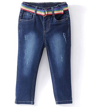 Babyhug Full Length  Jeans With Stretch Solid Color   Fly With Zipper -  Blue