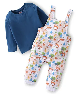 Babyhug Cotton Knit Fox Printed Dungaree with Full Sleeves Solid Colour T-Shirt - Blue & Offwhite