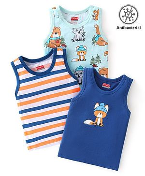 Babyhug 100% Cotton Knit Sleeveless Antibacterial Bear Print Sando Pack of 3 - Multicolour