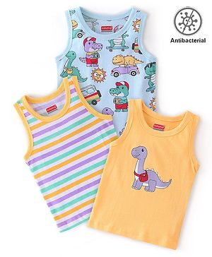 Babyhug 100% Cotton Knit Antibacterial Sleeveless Sando Dino Print Pack of 3 - Multicolour