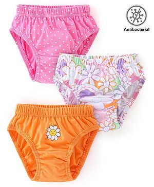 Babyhug 100% Cotton Knit Antibacterial Panties Floral Print Pack of 3 - Orange Pink & White