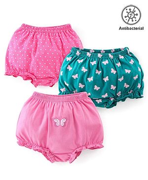 Babyhug 100% Cotton Antibacterial Bloomers Pack of 3 Butterfly Print - Pink & Green