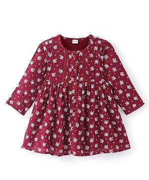 Babyhug Rayon Full Sleeves Frock with Floral Print - Maroon