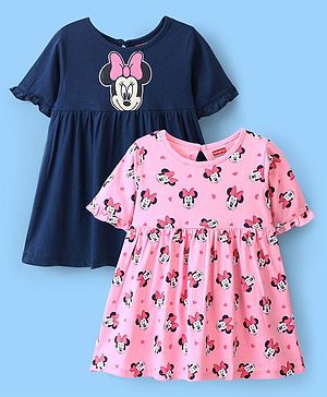 Babyhug  100% Cotton Knit Half Sleeve Dress Minnie Mouse Print Pack of 2 - Navy Blue & Pink
