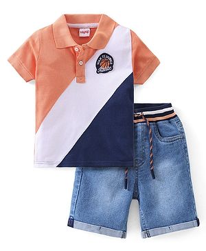 Babyhug Single Jersey Half Sleeves T-Shirt & Denim Sorts Set Cut & Sew Design - Orange & Blue