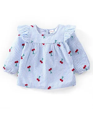 Babyhug Full Sleeves Seer Sucker Woven Stripes Top with Embroidery & Frill Detailing - Blue