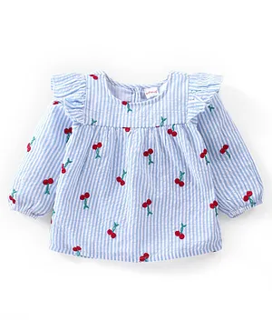 Babyhug Full Sleeves Seer Sucker Woven Stripes Top with Embroidery & Frill Detailing - Blue