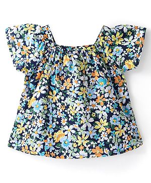 Babyhug 100% Rayon Half Sleeves Top Floral Printed with Back Bow Detailing - Blue