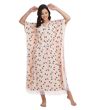 KOI SLEEPWEAR Batwing Half Sleeves All Over Bow Printed Maternity Kaftan Dress - Peach
