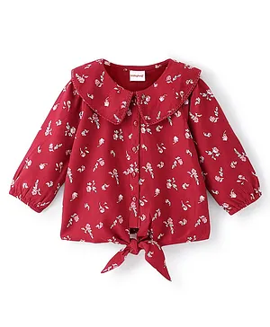 Babyhug 100% Rayon Woven Full Sleeves Top With Peterpan Collar Frill & Lace Detailing Floral Print - Maroon