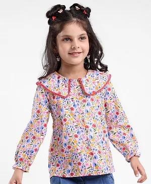 Babyhug Rayon Woven Full Sleeves Floral Printed with Frill & Lace Detailing Top - White