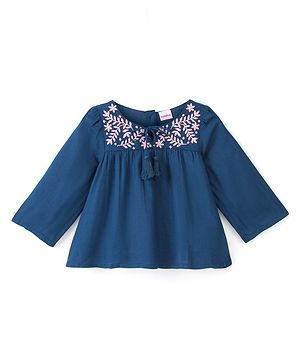 Babyhug 100% Rayon Woven  Full Sleeves Top with Leafy Embroidery & Tassel Detailing - Navy Blue