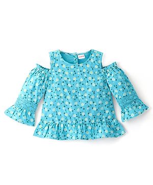 Babyhug Rayon Full Sleeves Cold Shoulder Floral Printed with Lace Detailing Top - Blue