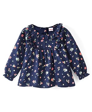 Babyhug Rayon Full Sleeves Floral Printed Top with Frill Detailing - Navy Blue