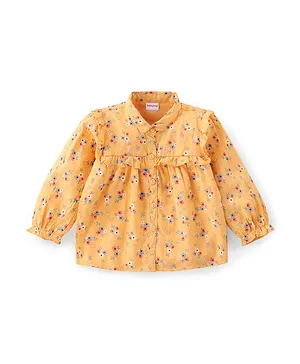 Babyhug Full Sleeves Front-Open 100%  Rayon Floral Printed Top with Frill Detailing - Yellow