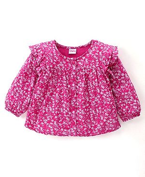 Babyhug 100% Rayon Full Sleeves Front Open Floral Printed Top With Frill Detailing- Pink