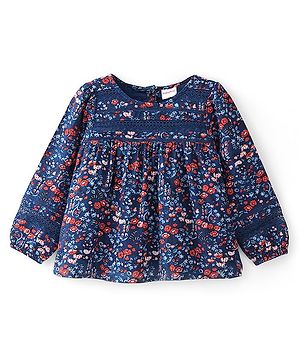 Babyhug 100% Rayon Woven Full Sleeves Floral Printed Top with Lace Detailing - Navy Blue