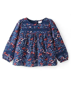 Babyhug 100% Rayon Woven Full Sleeves Floral Printed Top with Lace Detailing - Navy Blue