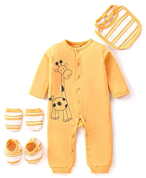 Doodle Poodle 100% Cotton Full Sleeves Giraffe Printed Romper with Bibs & Mittens Booties Set - Yellow