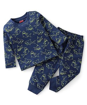 Babyhug Single Jersey Cotton Knit Full Sleeves Night Suit Marine Life Print - Navy Blue