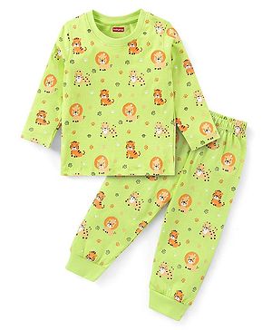 Babyhug Cotton Knit Full Sleeves Night Suit With Tiger & Lion Print - Green
