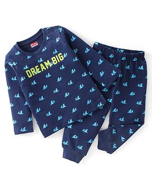Babyhug Cotton Knit Full Sleeves Night Suit With Text Print - Navy Blue