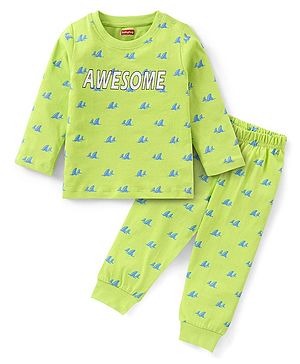 Babyhug Cotton Knit Full Sleeves Night Suit With Text Print - Green