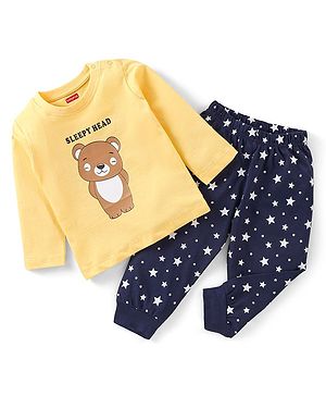 Babyhug Cotton Knit Full Sleeves Night Suit With Teddy Print - Yellow & Navy Blue