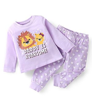Babyhug Single Jersey Cotton Knit Full Sleeves Night Suit Lion Print - Lavender