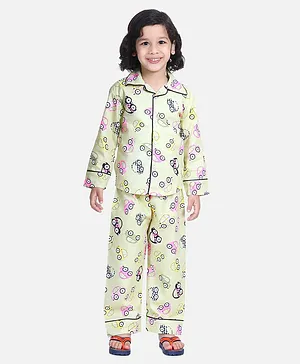 BownBee Full Sleeves Car Printed Night Suit - Yellow
