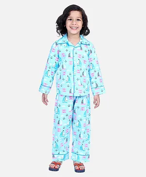 BownBee  Full Sleeves  Ship And Fish Printed Night Suit - Blue